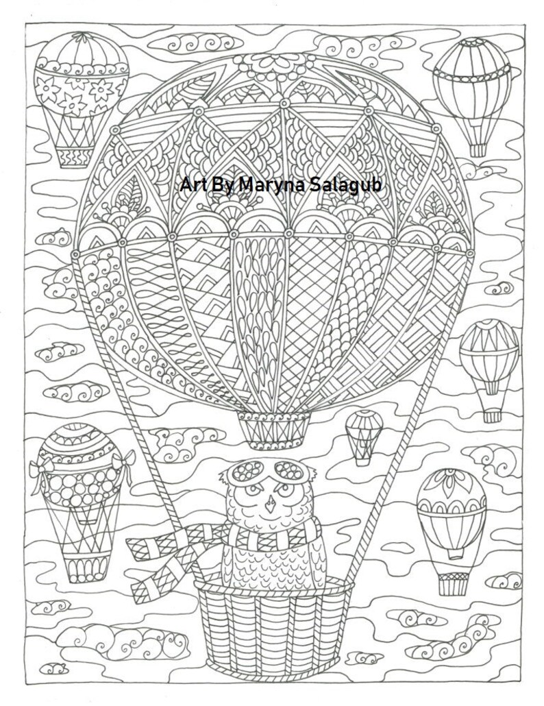 Kleurplaat Pagina Uil Lucht Ballon Liefde Stoom Punk Steampunk Etsy