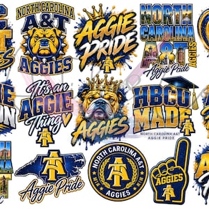 Puede incluir: Una colección de diseños gráficos digitales con temas de la Universidad Estatal A&T de Carolina del Norte, que incluye la mascota bulldog Aggie, el logotipo de NC A&T, coronas, corazones y textos como Aggie Pride, Aggie Nation, HBCU Made y Aggie Forever en azul y dorado.
