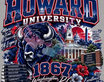 May include: A graphic design featuring the text THE MECCA HOWARD UNIVERSITY, a bison illustration, and the year 1867. It includes images of the Howard University campus, the Washington Monument, a stack of books, and red and white hibiscus flowers.