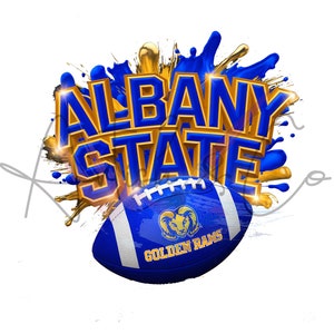 May include: A blue and gold graphic with the text "ALBANY STATE" and a football with the words "GOLDEN RAMS" on it.
