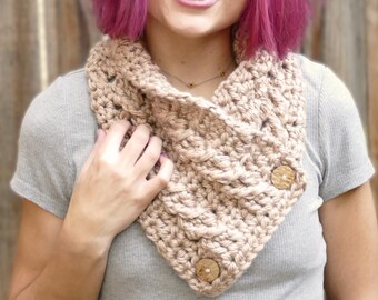 Cable Button Scarf Crochet Pattern: Super Bulky Cowl (PDF Pattern)