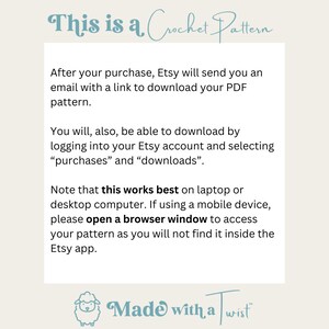 Peut inclure: Annonce de patron de crochet num&eacute;rique avec le texte &laquo; This is a Crochet Pattern &raquo;. Des instructions pour t&eacute;l&eacute;charger le patron PDF sont incluses. L'image pr&eacute;sente &eacute;galement l'expression &laquo; Made with a Twist &raquo; et une illustration de mouton.