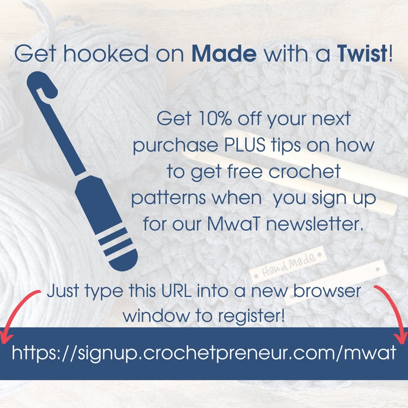 Peut inclure: Obtenez un crochet sur Made with a Twist&nbsp;! Obtenez 10&nbsp;% de r&eacute;duction sur votre prochain achat PLUS des conseils sur la fa&ccedil;on d&rsquo;obtenir des mod&egrave;les de crochet gratuits lorsque vous vous inscrivez &agrave; notre newsletter Mwat. Il suffit de saisir cette URL dans un nouveau navigateur pour vous inscrire&nbsp;! https://signup.crochetpreneur.com/mwat