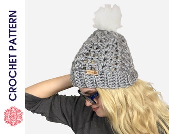 Women's CROCHET HAT PATTERN - Winter Hat Crochet Pattern - Winter Slouch Hat Pattern - Chunky Hat Pattern - Pom Pom Hat - Winter Beanie