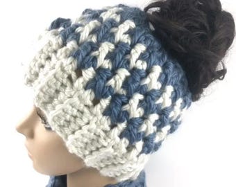 Houndstooth Messy Bun Hat Crochet Pattern: Checked Ponytail Beanie (PDF Pattern)