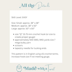 May include: A crochet pattern instruction sheet with the title "All the Details". The pattern is for a blanket with three sizes: small, medium, and large. The instructions include the size of crochet hook, yarn type, and other materials needed. The pattern is written in English using US crochet terms.