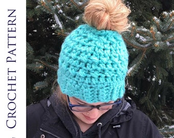 Messy Bun Hat Crochet Pattern - Ponytail Hat - Striped Winter Hat - Bun Beanie