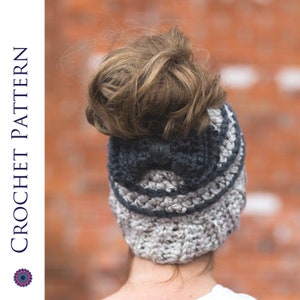 Messy Bun Hat CROCHET PATTERN Bun Hat with Bow Pattern Ponytail Hat Crochet Pattern Striped Bun Beanie Pattern image 1