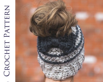 Messy Bun Hat CROCHET PATTERN - Bun Hat with Bow Pattern - Ponytail Hat Crochet Pattern - Striped Bun Beanie Pattern