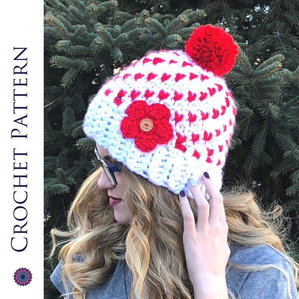 Women's Heart Hat CROCHET PATTERN - Super Chunky Heart Beanie Pattern - Warm Fair Isle Hat Crochet Pattern