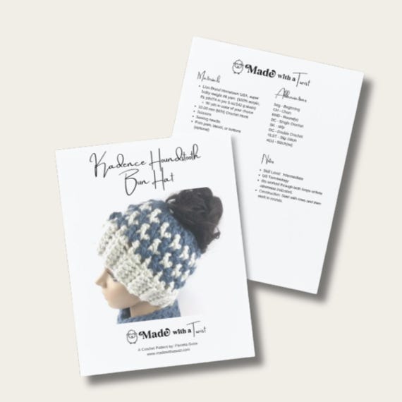 Houndstooth Messy Bun Hat Crochet Pattern: Checked Ponytail Beanie