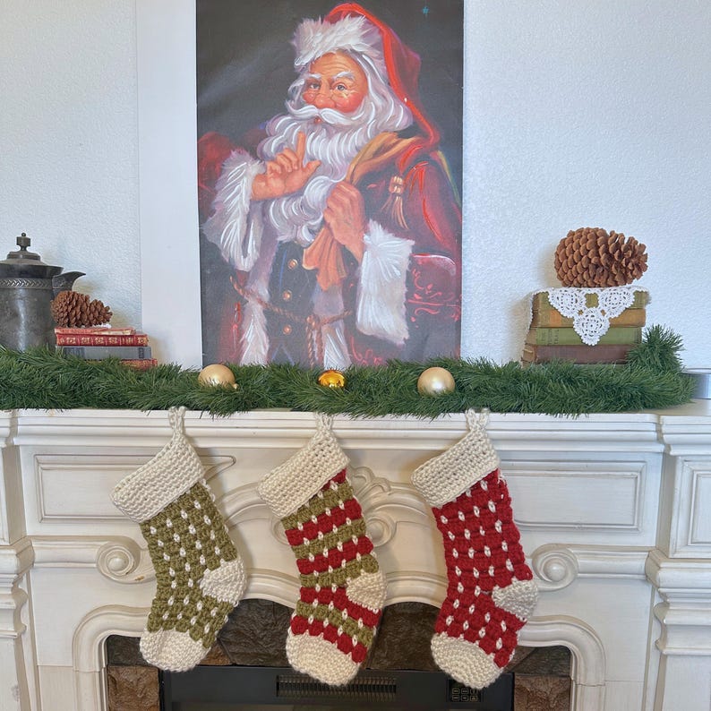 Chunky crochet Christmas stocking made with super bulky yarn for a cozy farmhouse holiday look. Features thick textured stitches and a wide hanging loop for easy display on mantels or stair rails. Shown in neutral tones for rustic, modern Christmas decor. Quick and easy PDF crochet pattern perfect for beginners and experienced makers. A timeless handmade stocking for festive home décor or thoughtful holiday gifting.