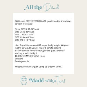 May include: Crochet pattern instructions for a Lion Brand Hometown USA yarn sweater. The pattern includes sizes from 32-34 inches to 48+ inches bust. The pattern is written in English using US crochet terms.
