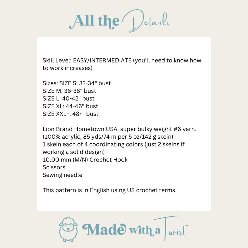 May include: Crochet pattern instructions for a Lion Brand Hometown USA yarn sweater. The pattern includes sizes from 32-34 inches to 48+ inches bust. The pattern is written in English using US crochet terms.