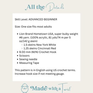 Peut inclure: Fond blanc avec le texte "All the Details" en &eacute;criture turquoise. Le texte indique le niveau de comp&eacute;tence : d&eacute;butant avanc&eacute;, et la taille : taille unique. Il r&eacute;pertorie &eacute;galement le mat&eacute;riel n&eacute;cessaire pour un projet de crochet.
