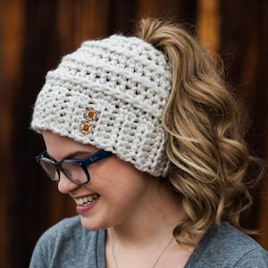 CROCHET PATTERN The Original Beehive Messy Bun Hat - Messy Bun Beanie Pattern with Bow - Ponytail Hat Crochet Pattern - Bow Bun Beanie