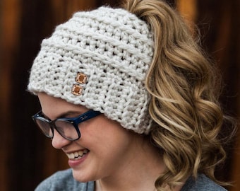 Crochet Beehive Messy Bun Hat Pattern with Bow (PDF Pattern)