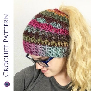 2 in 1 Self-Striping Messy Bun Hat Hat CROCHET PATTERN - Includes Bun Hat or Ponytail Hat and Pompom Beanie Instructions