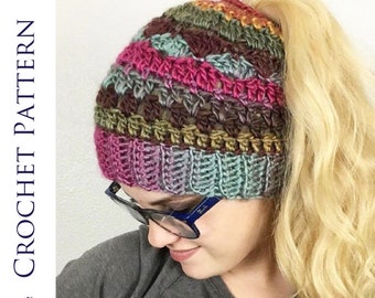 2 in 1 Self-Striping Messy Bun Hat Hat CROCHET PATTERN - Includes Bun Hat or Ponytail Hat and Pompom Beanie Instructions