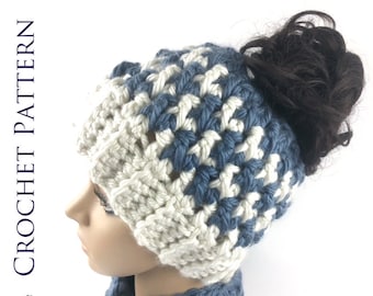 Houndstooth Messy Bun Hat CROCHET PATTERN - Ponytail Beanie Crochet Pattern - Striped Bun Beanie Pattern - Bun Hat with Checks - Checked Hat