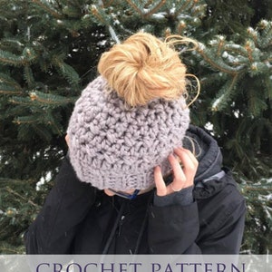 CROCHET PATTERN Original Viral Messy Bun Hat Jessie Bun Beanie Pattern Ponytail Hat Super Chunky Winter Hat Criss Cross Stitch image 4