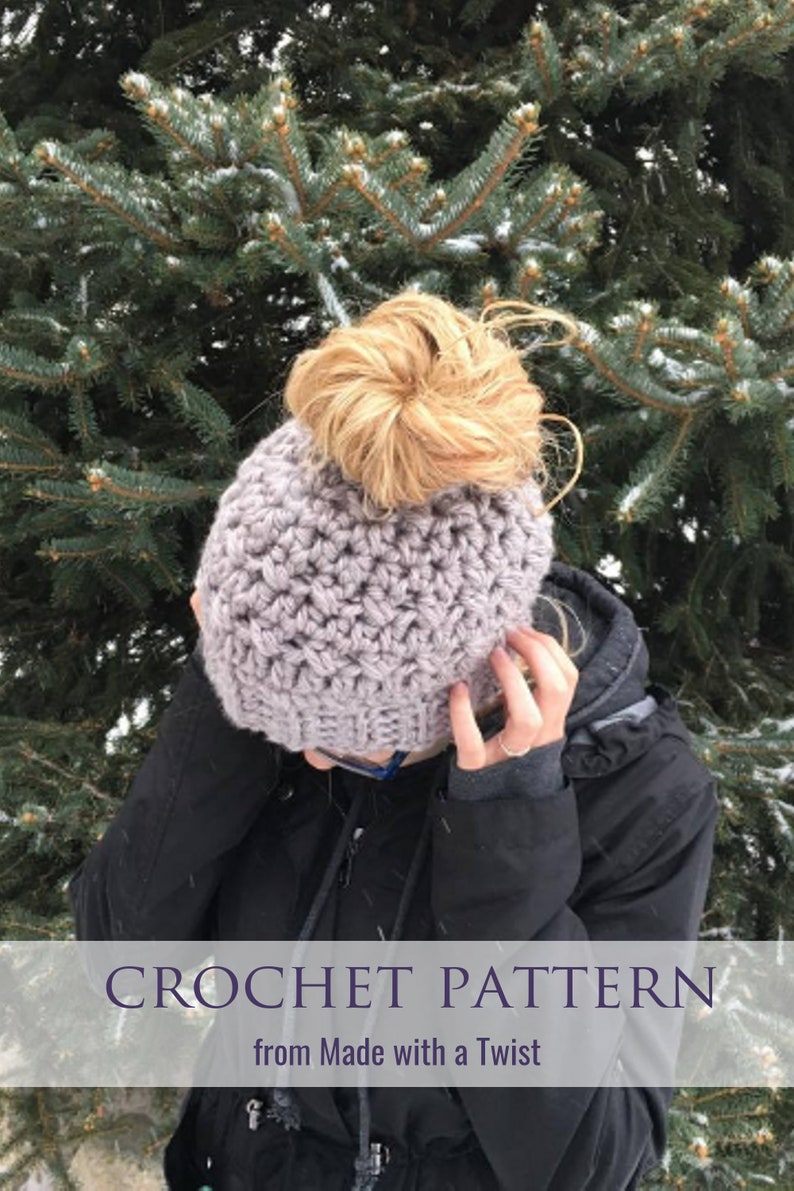 CROCHET PATTERN Original Viral Messy Bun Hat Jessie Bun Beanie Pattern Ponytail Hat Super Chunky Winter Hat Criss Cross Stitch image 4