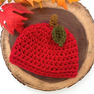 May include: A handmade red crochet hat shaped like an apple, with a green leaf and brown stem. The hat is sitting on a wooden surface, with red and orange leaves in the background. A fall-themed baby hat.