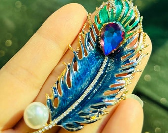 Enamel BLUE Rhinestone Crystal Peacock Feather Brooch Vintage Style Leaf Brooch Pin Handmade Pearl Brooch Gift For Her Lady Wedding Favor