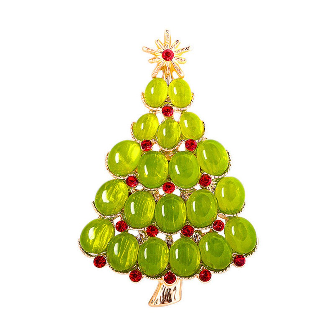 Goldtone Green Christmas Tree Brooch Red Rhinestone Christmas Tree
