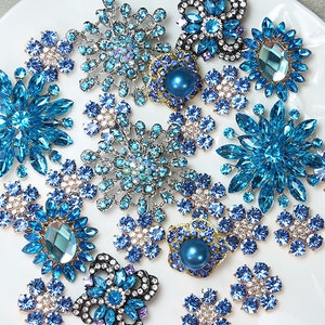Lot 40 BLUE TONE Crystal Button Rhinestone Brooch Wedding Accessories Bouquet Supplies Wedding Invitation Decor Wholesale Brooches Pins DIY image 1