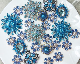 Lot 40 BLUE TONE Crystal Button Rhinestone Brooch Wedding Accessories Bouquet Supplies Wedding Invitation Decor Wholesale Brooches Pins DIY