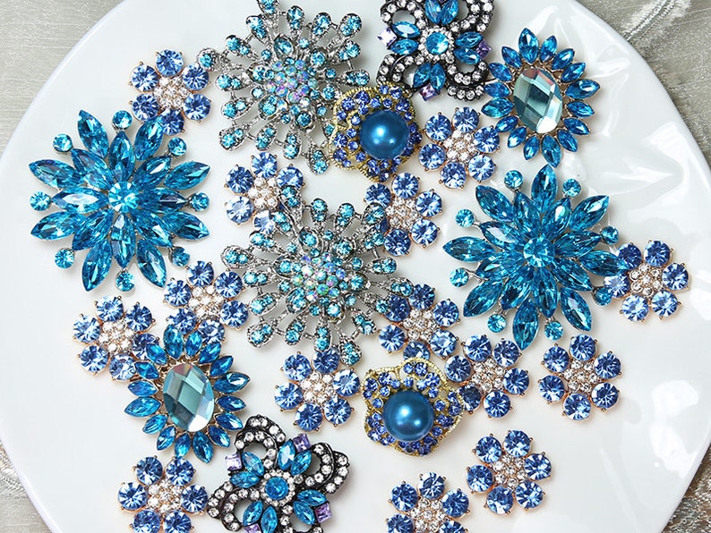 Lot 40 BLUE TONE Crystal Button Rhinestone Brooch Wedding Accessories Bouquet Supplies Wedding Invitation Decor Wholesale Brooches Pins DIY image 1