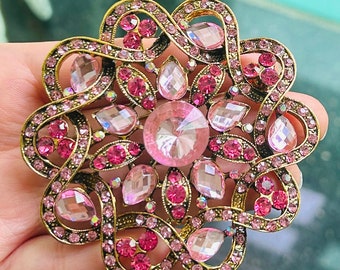 Large Vintage Gold-Tone Pink Rhinestone Crystal Round Flower Brooch Bridesmaid Gift Jewelry Sash Craft Pin Wedding Bouquet Coat Decoration