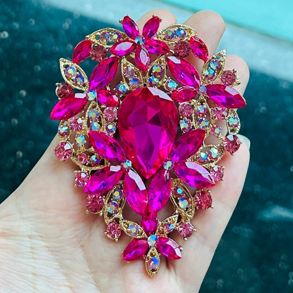 LARGE Vintage Gold Tone Hot Pink Rhinestone Crystal Brooch Pin Wedding Bridal Bouquet Brooch Embellishment Dress Sash Brooch Invitation Pin Etsy