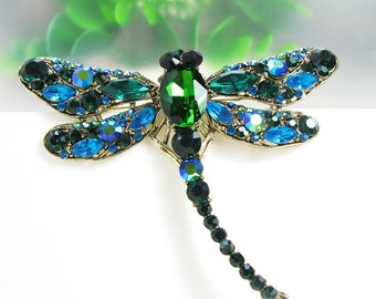Gold-Tone Turquoise Green Rhinestone Crystal Brooch Pin Wedding Brooch Costume Pin Bouquet Brooch Women Ornament Animal Dragonfly Brooch Pin
