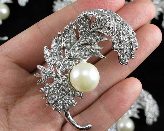 Full Bling rystal Leaf Brooches Pins Vintage Style Imitation Pearl Big  Women Brooch Wedding Accessories Jewelry