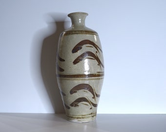 Bernard Leach Leaping Salmon design large Vase Awarded the CH 1973, CBE 1962 England and Order of the Sacred Treasure 1966 Japan.