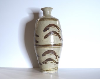 Significant Bernard Leach work, British Studio Pottery, Leaping Salmon vase. Highly recognized and desirable design.
