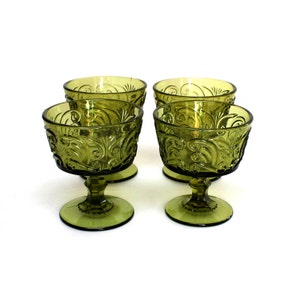 4 retro green desert dish sherbet goblet bowls with filigree embossed pattern