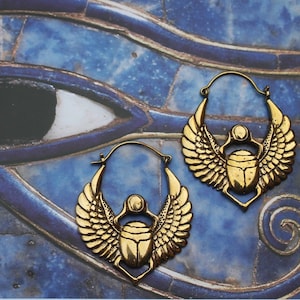 EGYPTIAN SCARAB hoops, beatle jewelry, Khepri, goddess hoops, winged scarab, brass carved scarab earrings, egyptian jewelry, handmade jewels