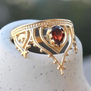 Artisan Gold Ruby Crown Ring | Unique Filigree Statement Jewelry, fine jewelry, boho style, Christmas gift for her, fairy jewel, elven boho