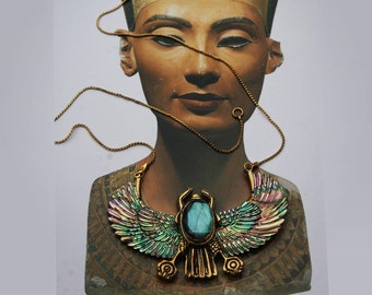 KHEPRI RISING abalone shell necklace, Egyptian Scarab jewelry, labradorite winged scarab, beatle jewelry, Egyptian jewelry, egyptian revival