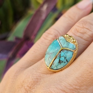 KHEPRI turquoise inlay ring, carved gem scarab, beetle jewelry, Egyptian scarab jewelry, egyptian revival, gemstone scarab, boho, egypt