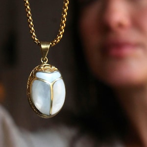 KHEPRI white scarab, mother of pearl inlay pendant, carved scarab, beetle jewelry, Egyptian scarab jewelry, egyptian revival, handmade