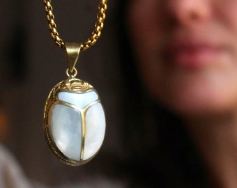 KHEPRI white scarab, mother of pearl inlayed pendant, carved scarab, beetle jewelry, Egyptian scarab jewelry, egyptian revival, handmade