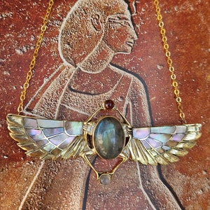 TUTANKHAMUN revival scarab pink shell necklace, beatle jewelry, Egyptian Scarab, Kephri, labradorite, Egyptian revival inlay, ancient, gift