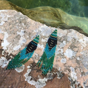 NATIVE beaded green and black earrings, american indian jewelry, fringe earrings, seed beaded, handmade, gift women, hippie, long earrings