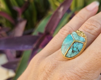 KHEPRI turquoise inlay ring, carved gem scarab, beetle jewelry, Egyptian scarab jewelry, egyptian revival, gemstone scarab, boho, egypt