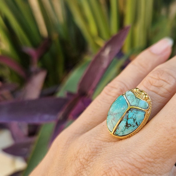 KHEPRI turquoise inlay ring, carved gem scarab, beetle jewelry, Egyptian scarab jewelry, egyptian revival, gemstone scarab, boho, egypt