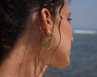 GODELN RATIO earrings, spiral earrings, fractal hoops, nautilus earrings, brass jewelry, fibronacci jewelry, ammonite hoops, festival style